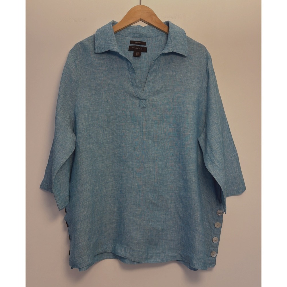 Tahari‎ V Neck Tunic Blouse Top 1X Light Blue 100% Linen Lagenlook Side Buttons